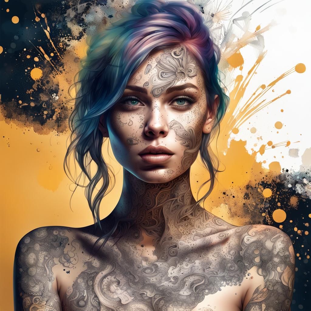 Beautiful revealing tattooed female portrait,  hyper detaile...