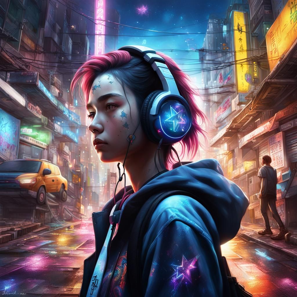 Cyberpunk Gamer Girl in Japan with Dramatic Lighting