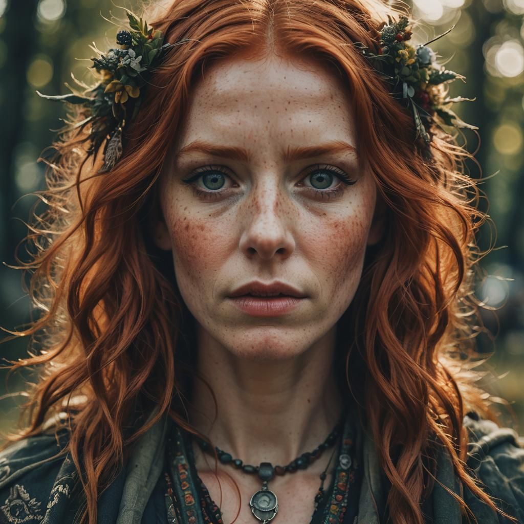 Red-Haired Woman: Expressive Close-Up Portrait with Pagan Ma...