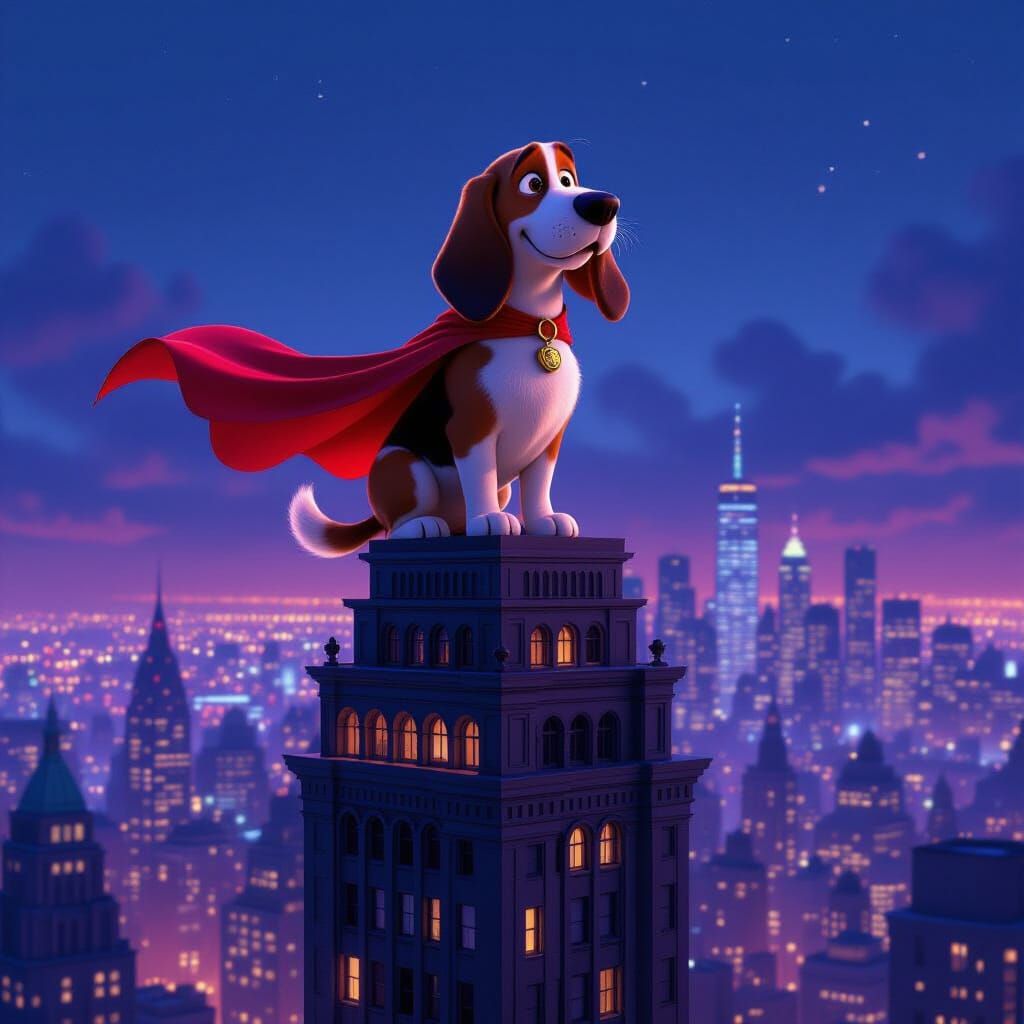 Basset Hound Superhero Over Cityscape in Pixar Style