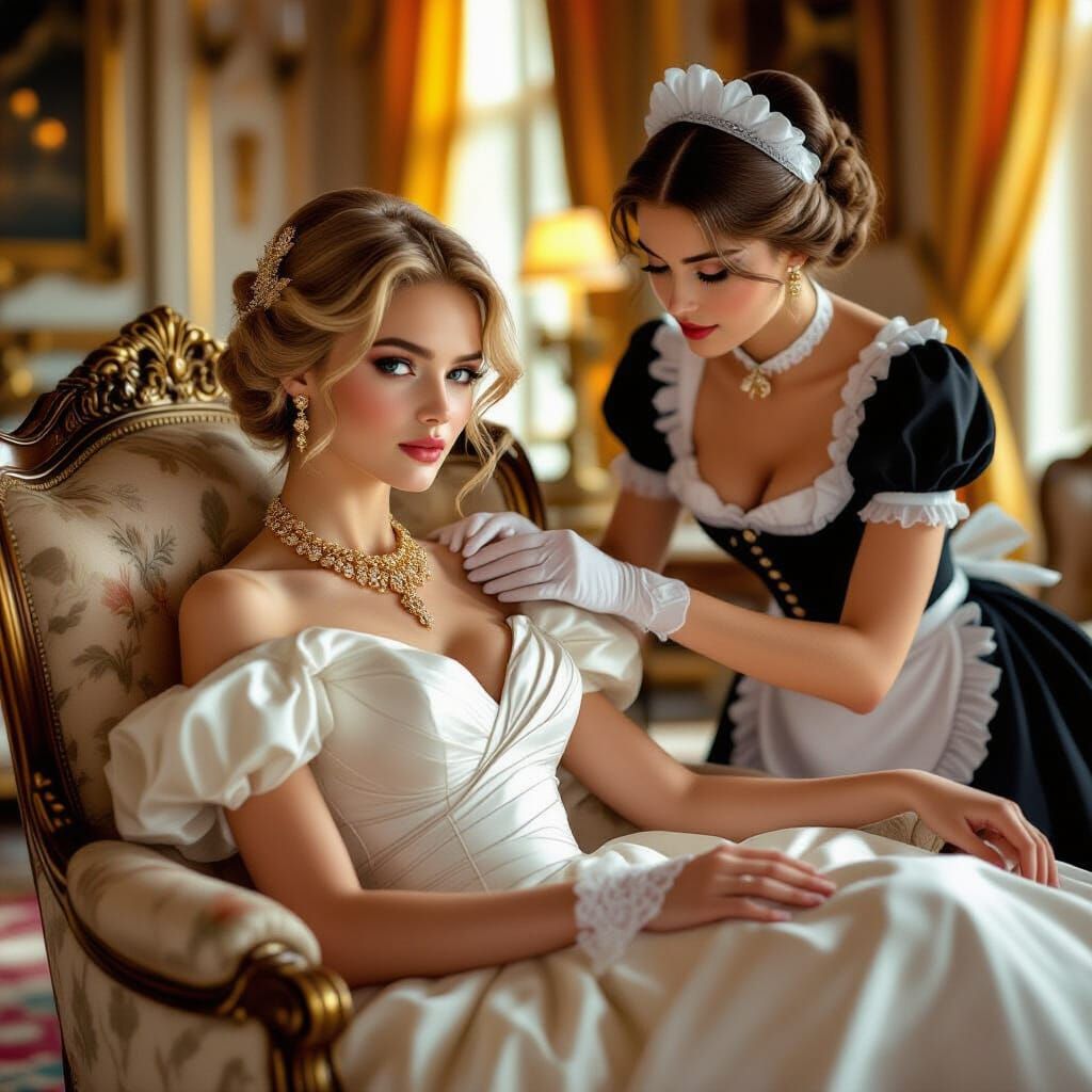 Noblewoman and Maid in Opulent Drawing Room