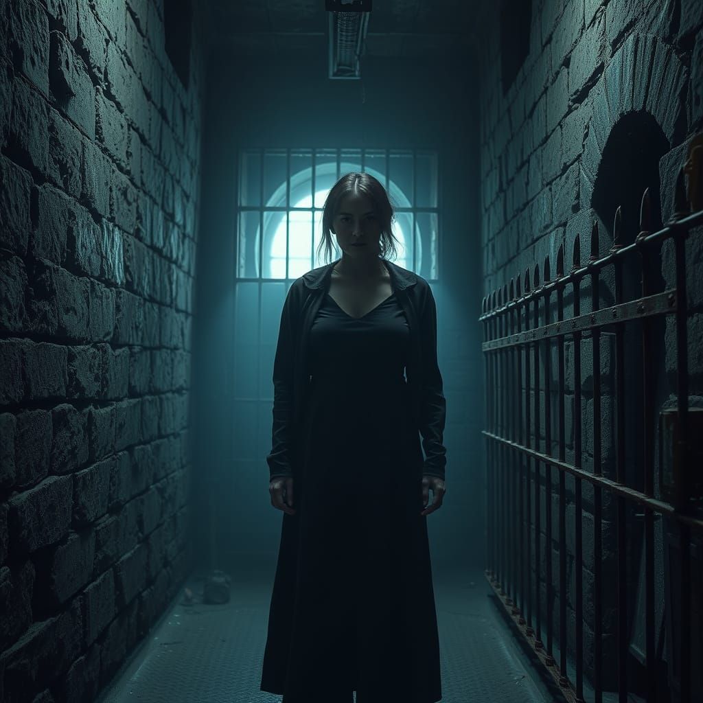 Mysterious Woman Prisoner in Dystopian Sci-Fi Style