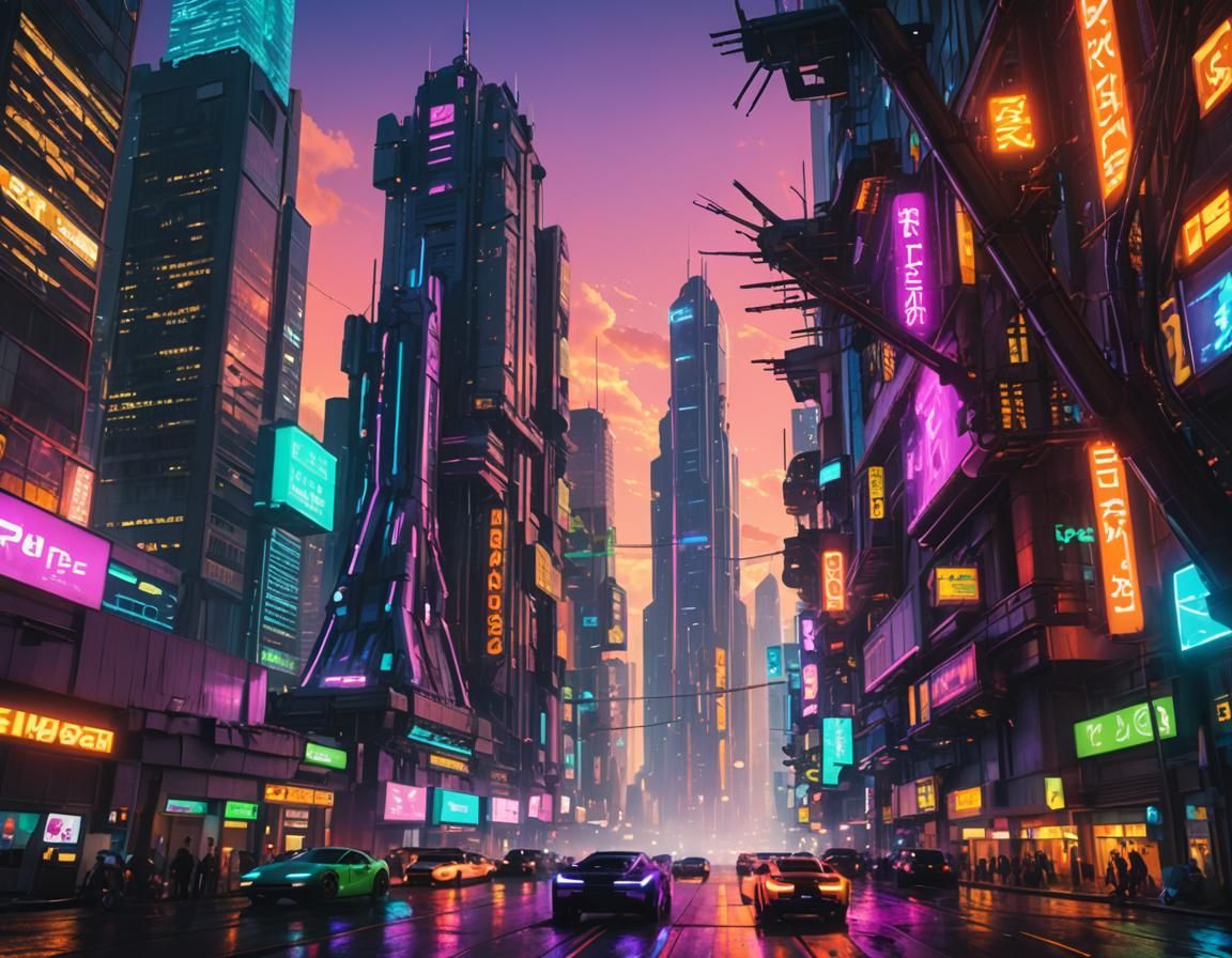 Cyberpunk Cityscape with Neon Skyscraper and Flying Cars