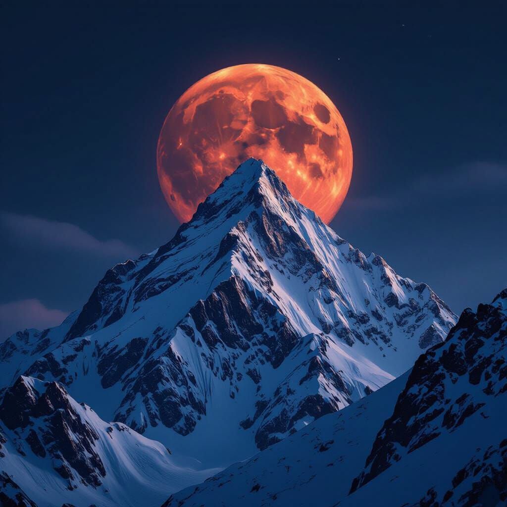Colossal Mountain Peak Under Blood Moon: Photorealistic