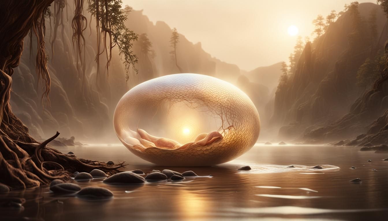 Luminescent Cocoon on Misty Riverbed: Hyperrealistic Digital...