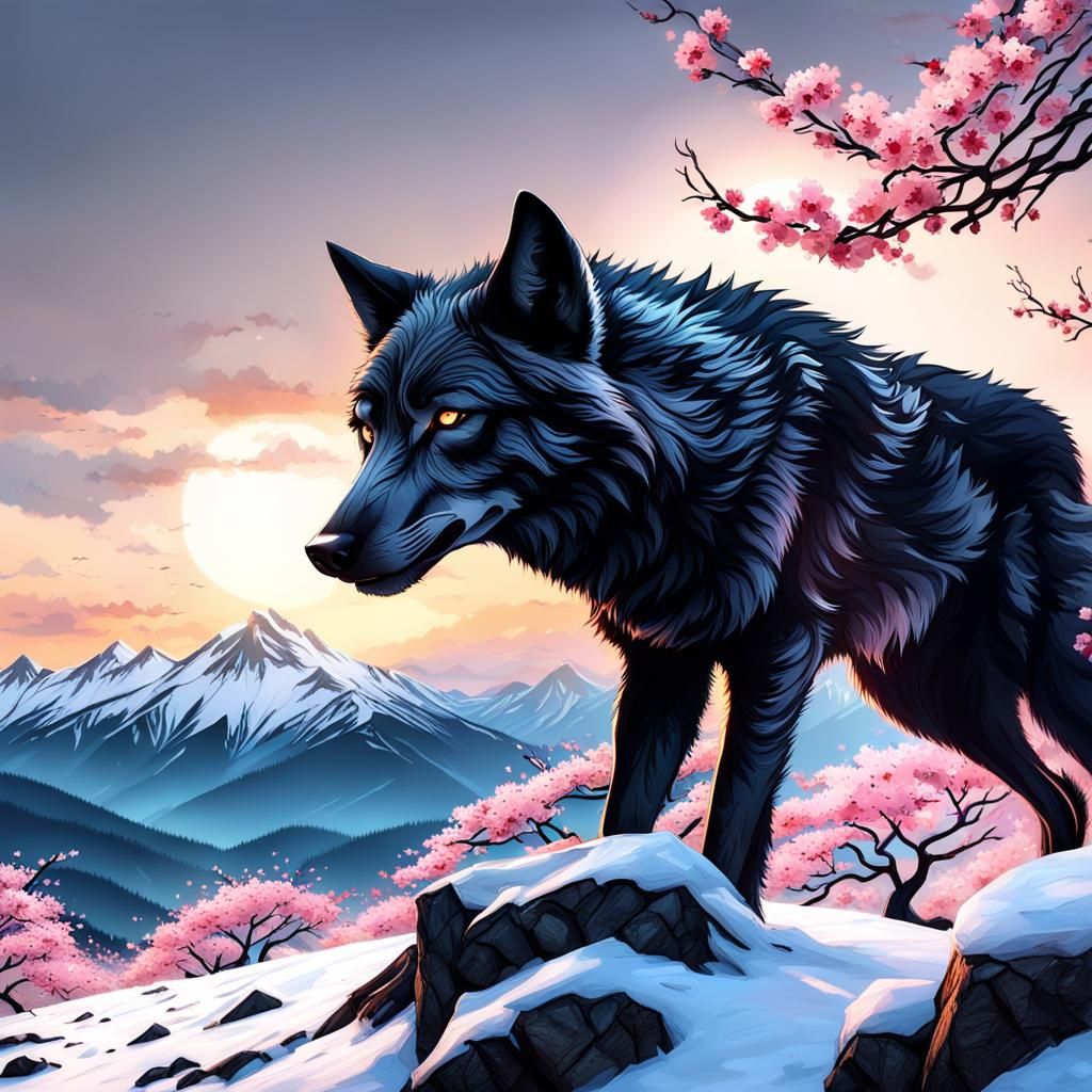 Black Wolf Violinist at Snowy Mountain Sunset