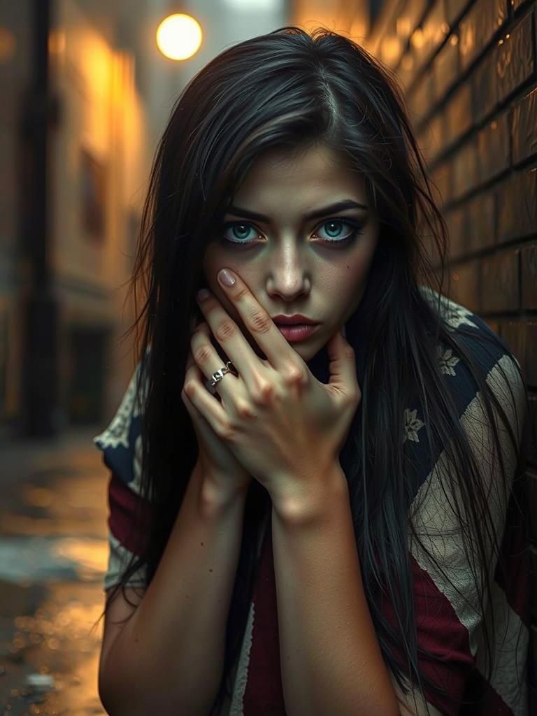 Gothic Woman in Rainy Alley: Moody Photography