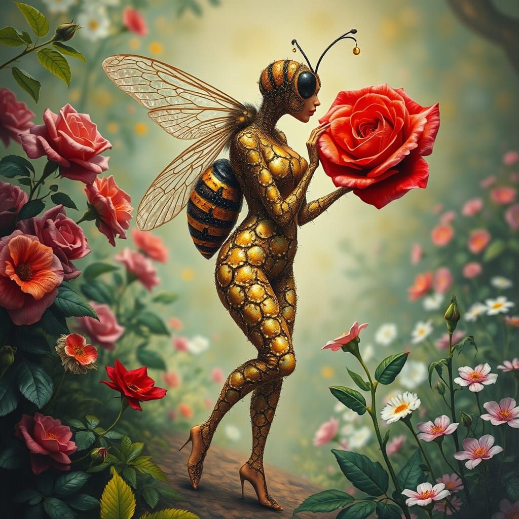Surreal Bee Woman in Dreamlike Garden