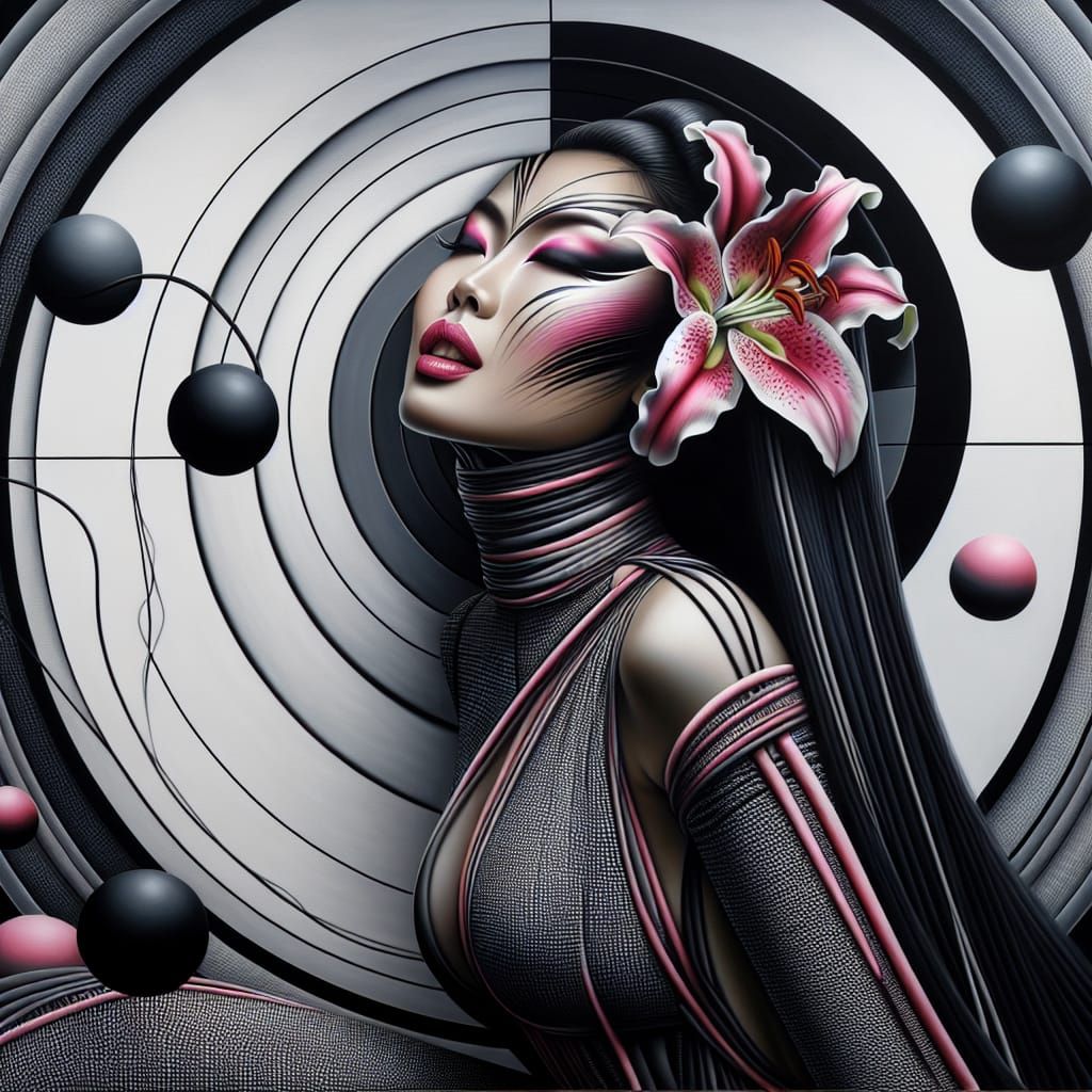 Futuristic Asian Woman with Lily, as Oil Painting