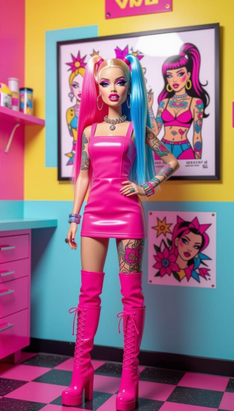 Punk Pop Barbie in Tattoo Studio, Photo Realism