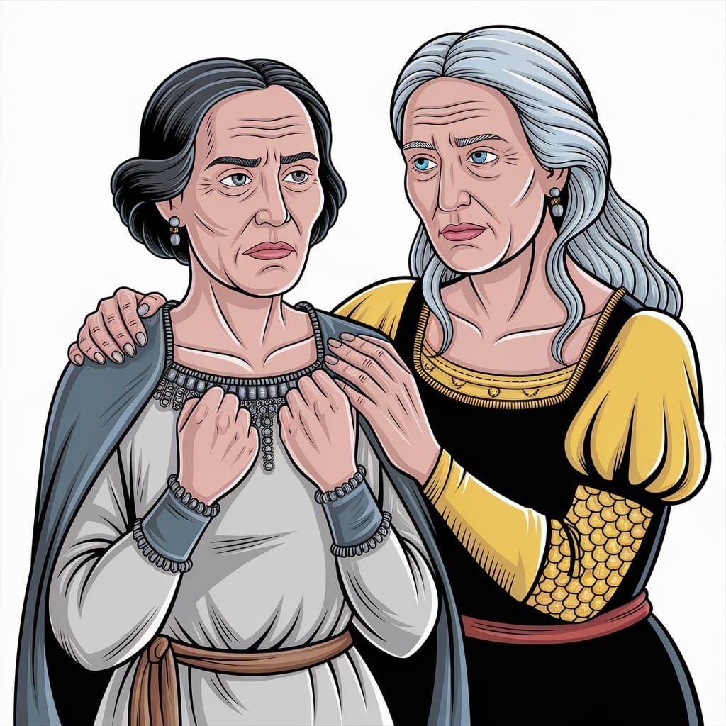 Two Medieval Queens in Comforting Embrace, as Medieval Illum...
