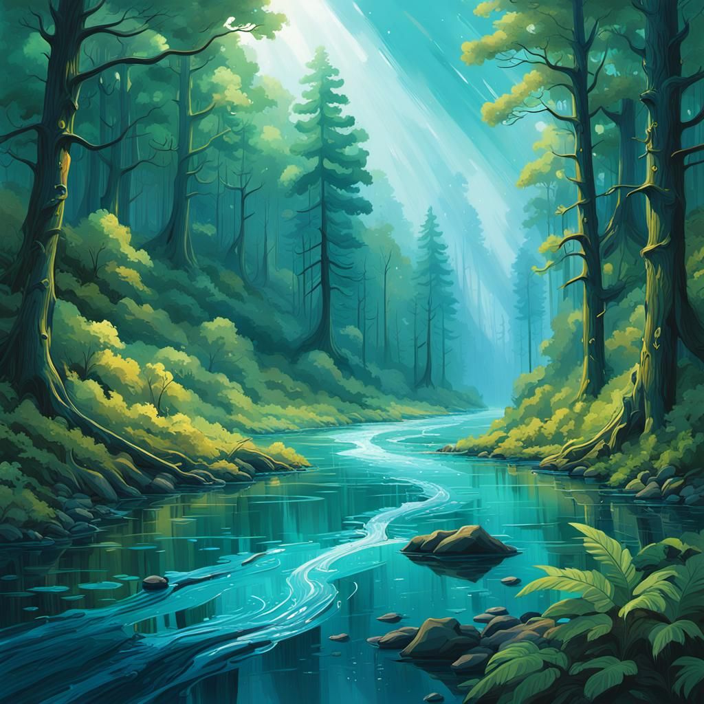 Mystical Sapphire River in Vibrant Oil Painting Style