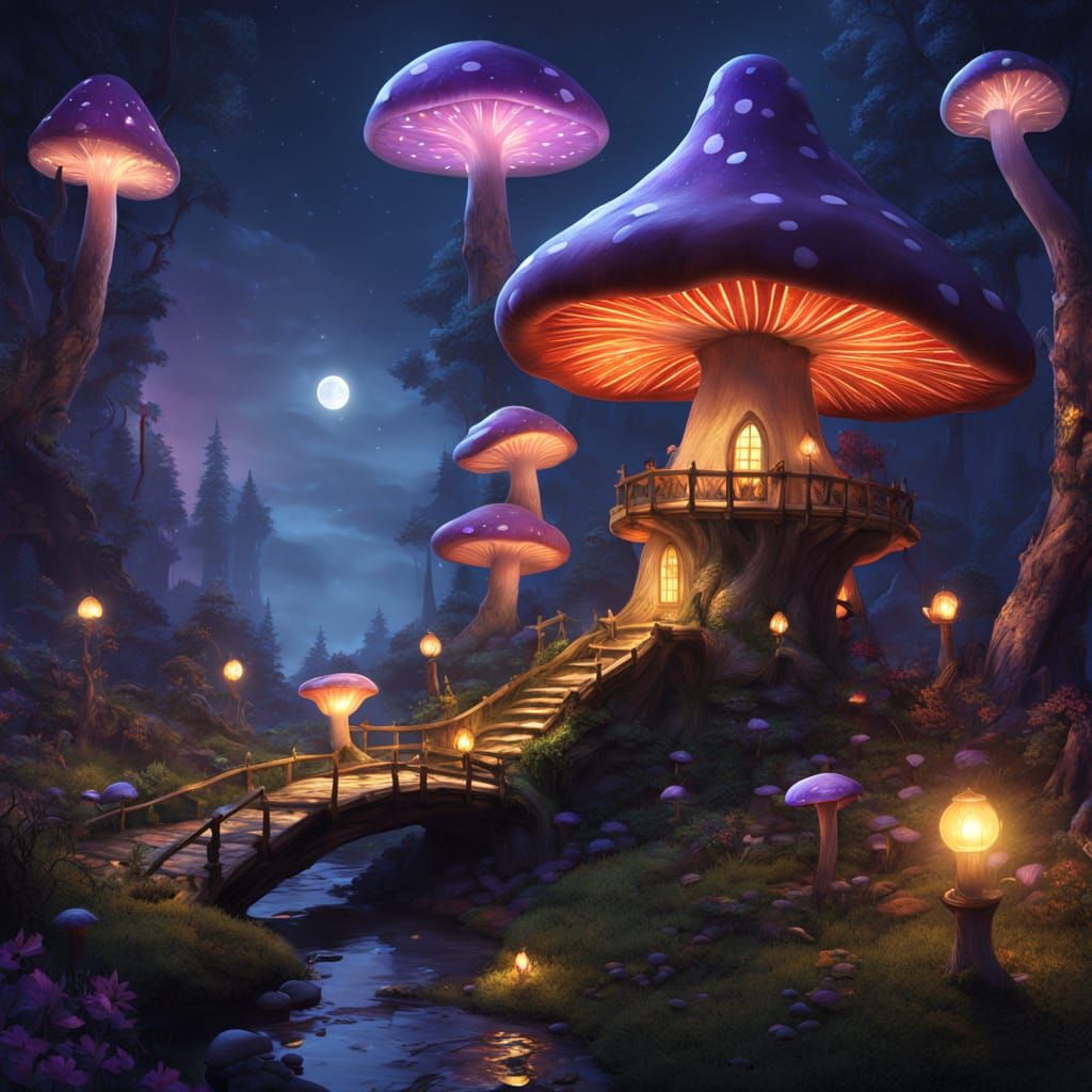 Enchanted Mushroom Kingdom with Bioluminescent Lights