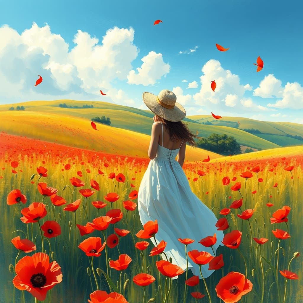 Woman in Whimsical Poppies Landscape