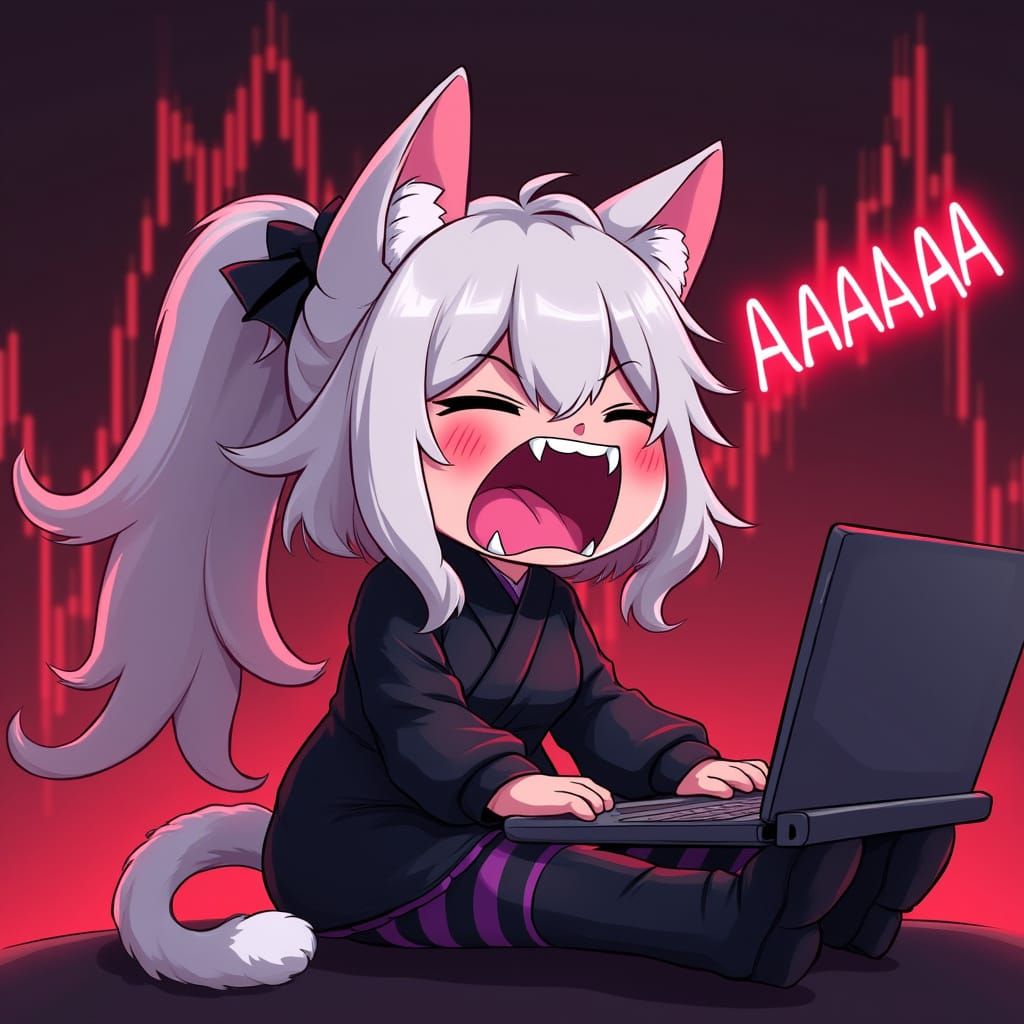 Chibi Catgirl Panics While Trading Stocks in Neon Style