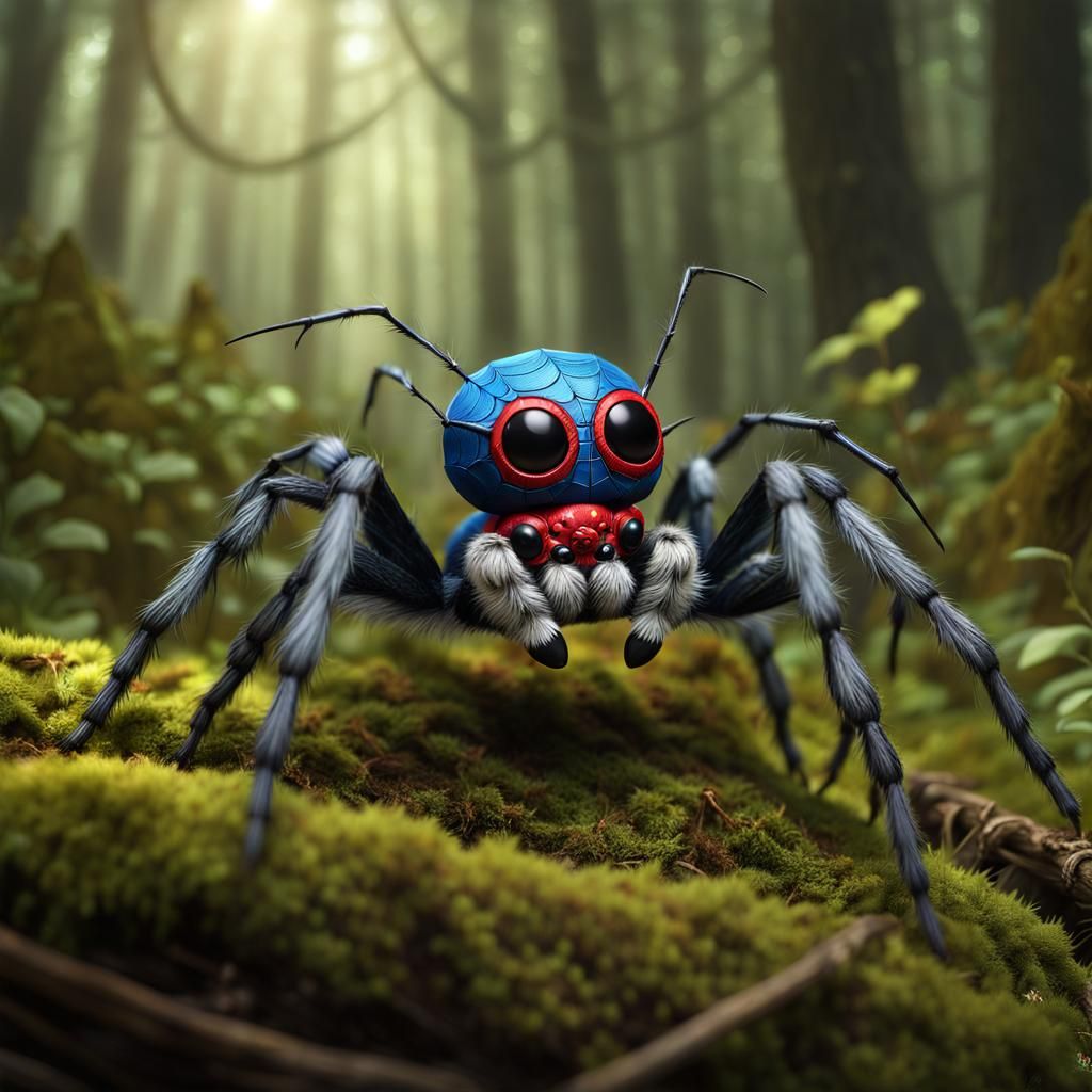 Chibi Spider-Puppy Hybrid in Forest, Digital Painting