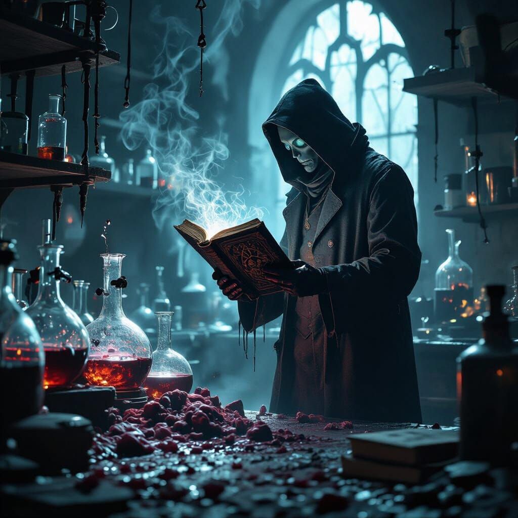 Spectral Chemist Discovers Glowing Tome in Dark Fantasy Lab