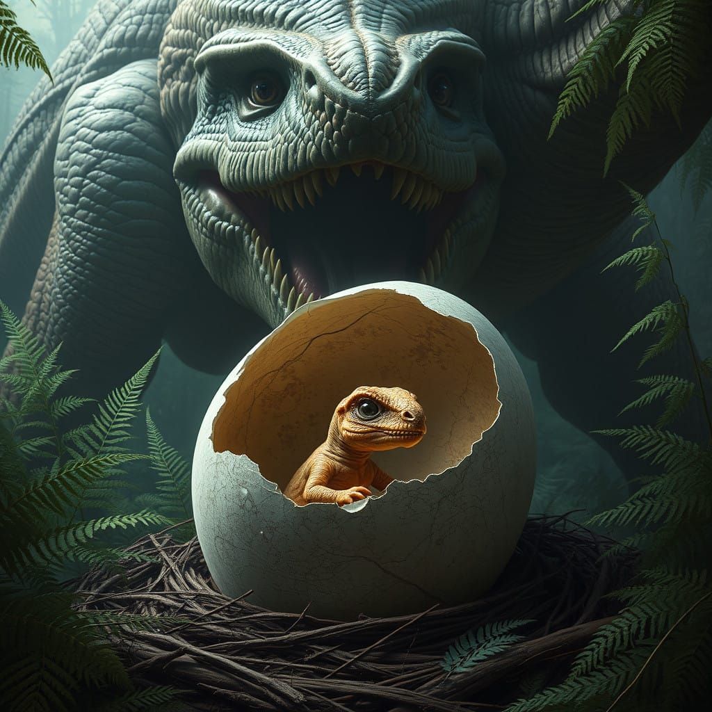 Ancient Wonder Unfolds: Dinosaur Hatchling Emerges in Fern-S...