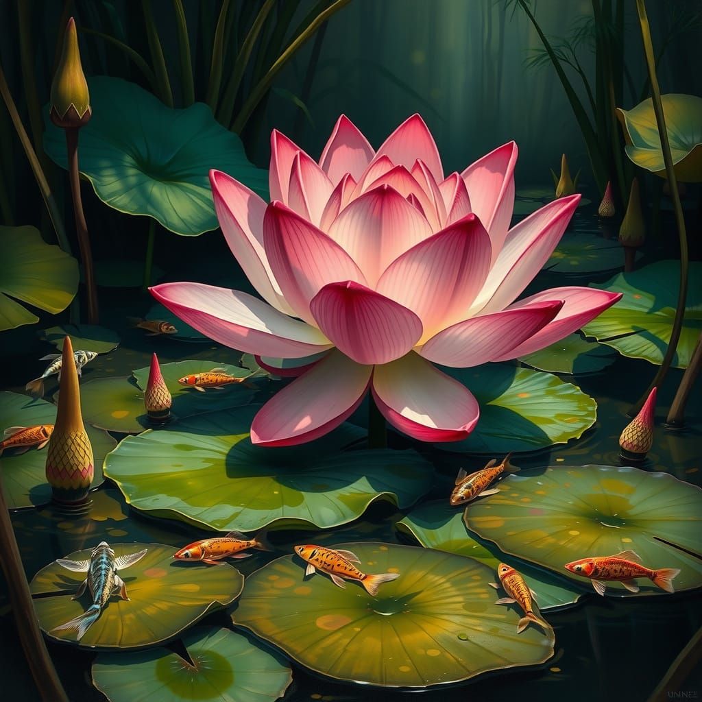 Majestic Lotus Flower Blooms in Whimsical Swamp Scene