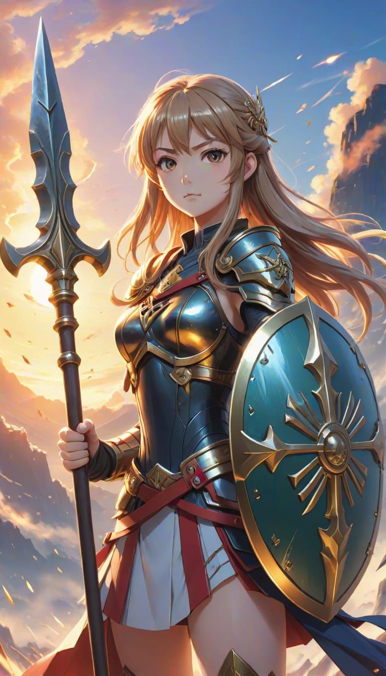Anime Girl with Trident and Shield in Vibrant Style