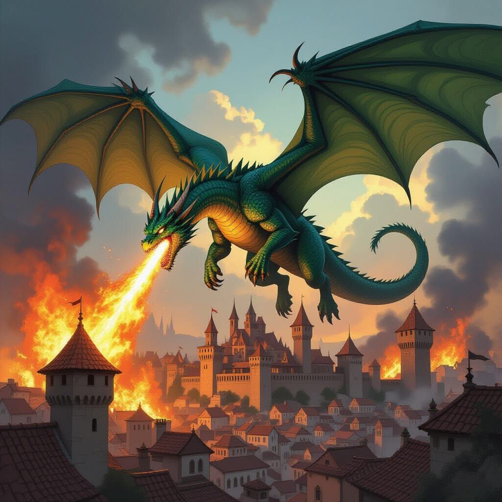 Emerald Dragon Burns Medieval City in Comic Art Style