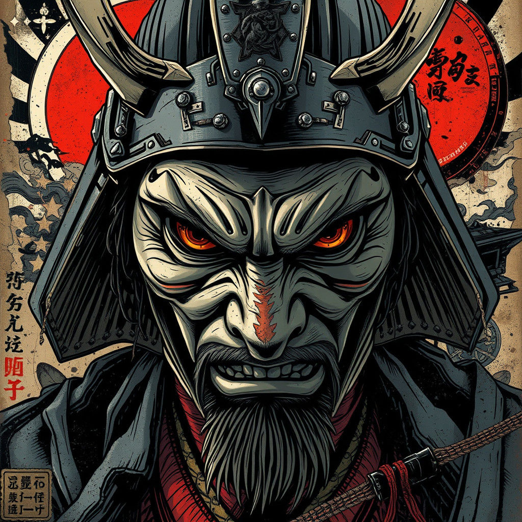 Samurai's Face in Surreal Sci-Fi Heavy Metal Style