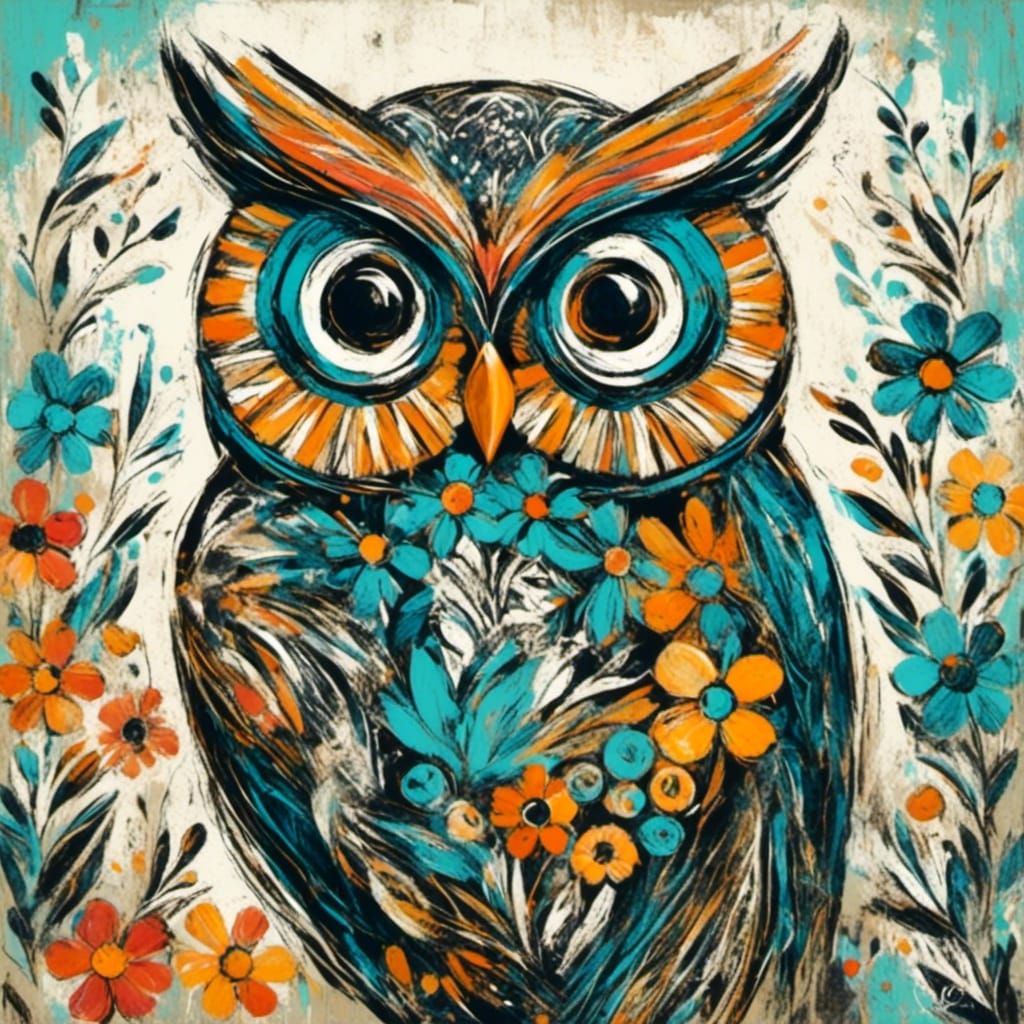 Whimsical Floral Owl in Neo-Expressionist Pop Art