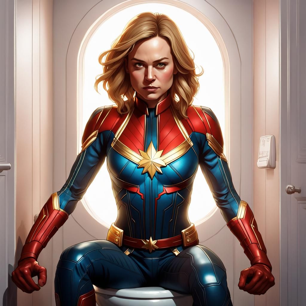 Captain Marvel on a Toilet: Hyperdetailed Portrait