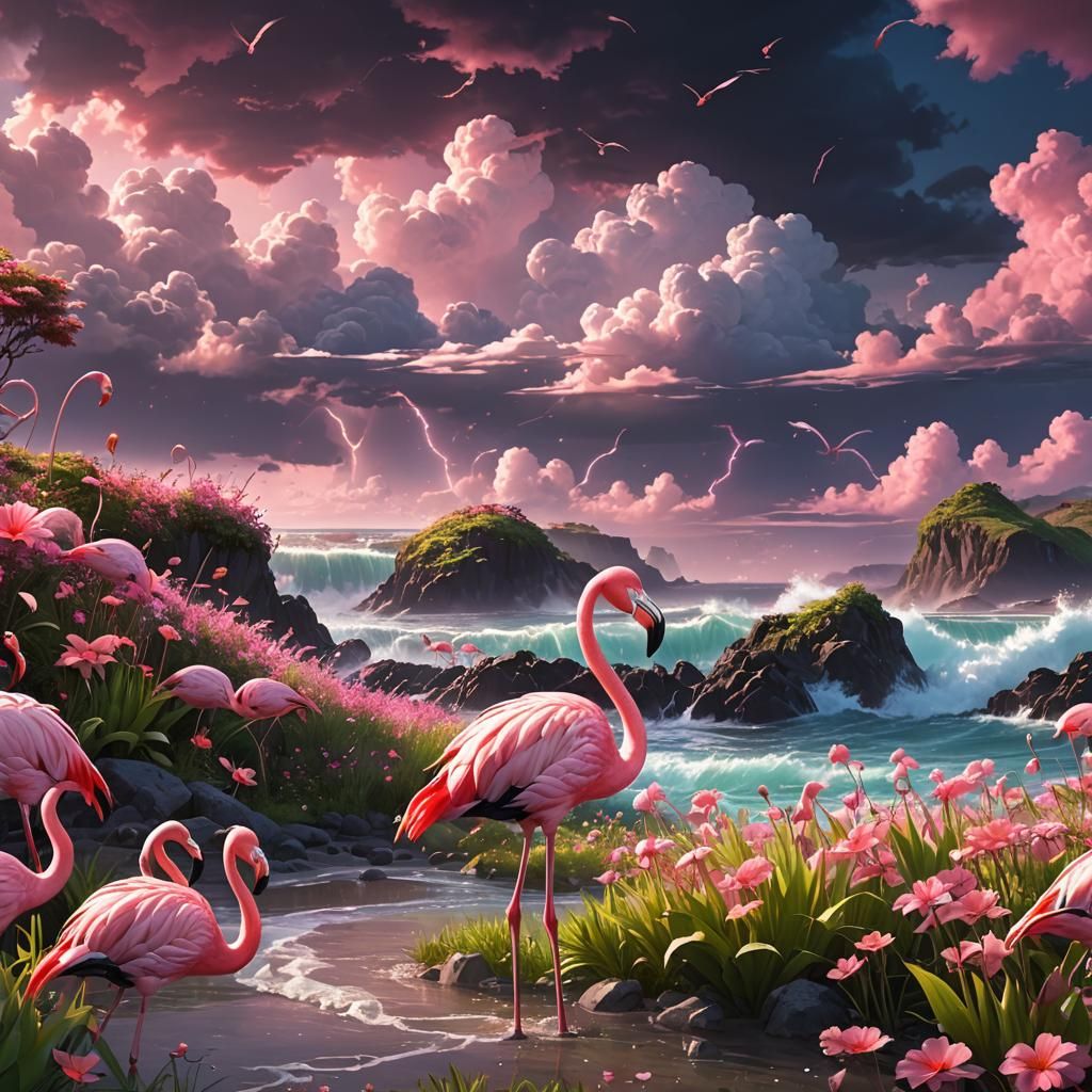 Neon Flamingo Directing Storms: Anime-Inspired 3D Art