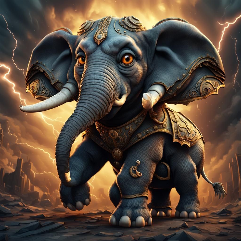 Ogre-Style Elephant with Stormy Lightning Background