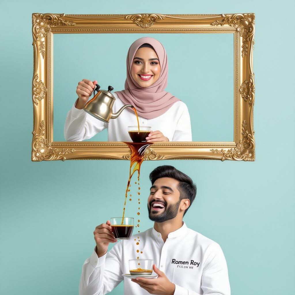 Surreal Coffee Pouring Scene in Ornate Frame