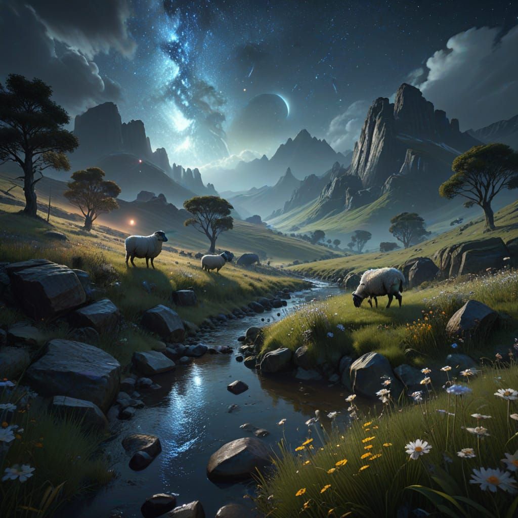 Stunning Celestial Countryside with Grazing Sheep in Dreamli...