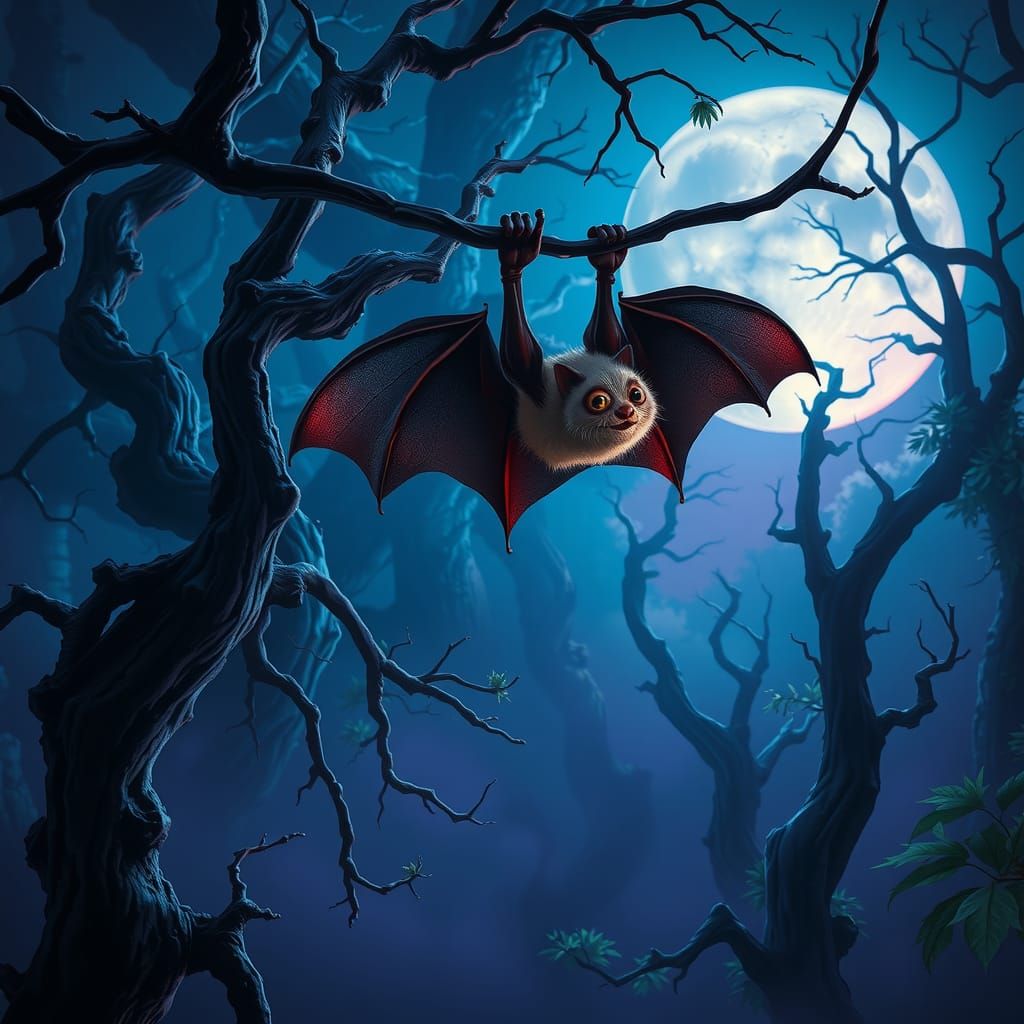 Mystical Bat in Moonlit Forest: Dark Fantasy Art