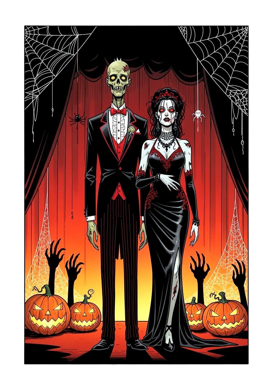 Zombie Prom King and Queen in Mike Mignola Comic Style