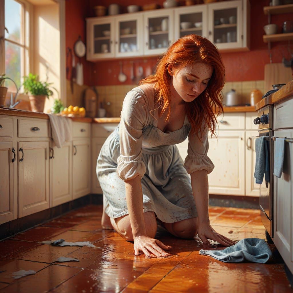 Redhead Woman Cleaning Kitchen Floor in Splash Art Style