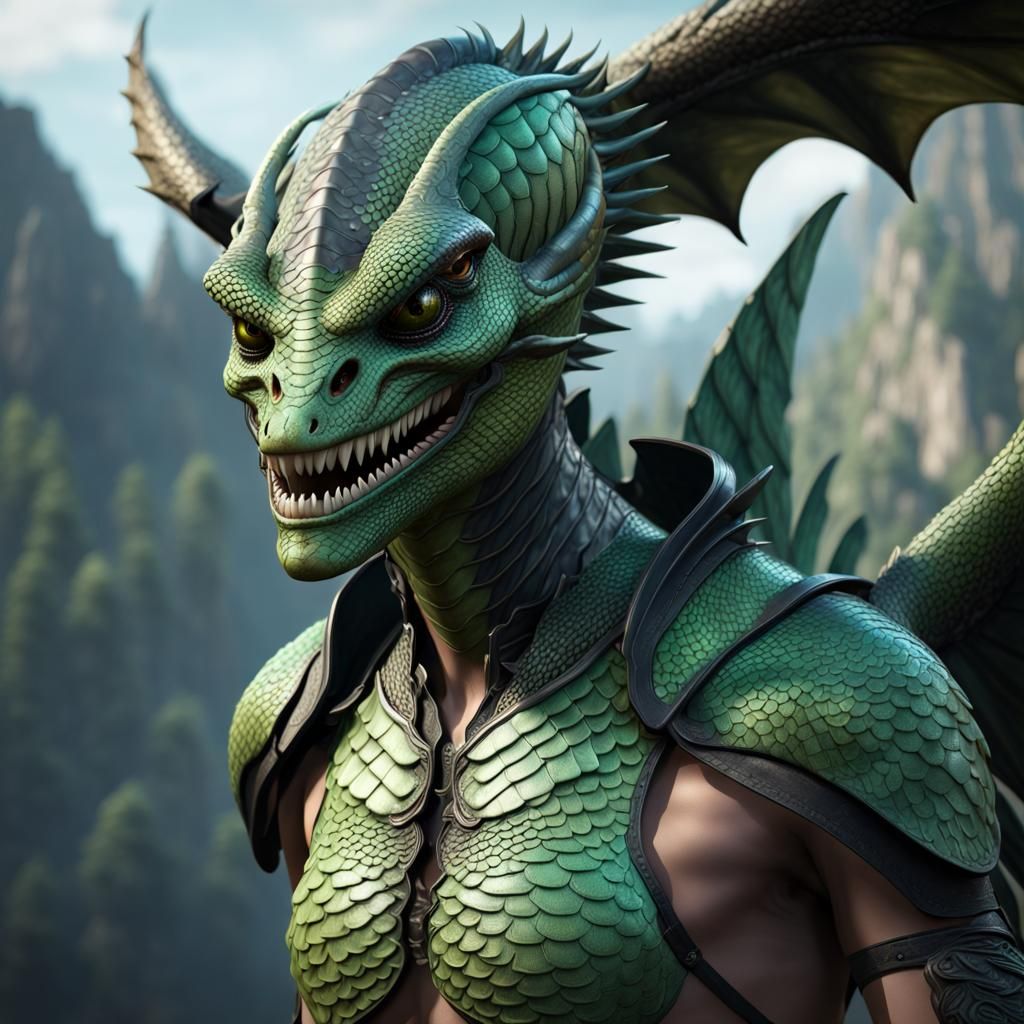 Humanoid Reptilian with Angel Wings: Detailed Matte Painting