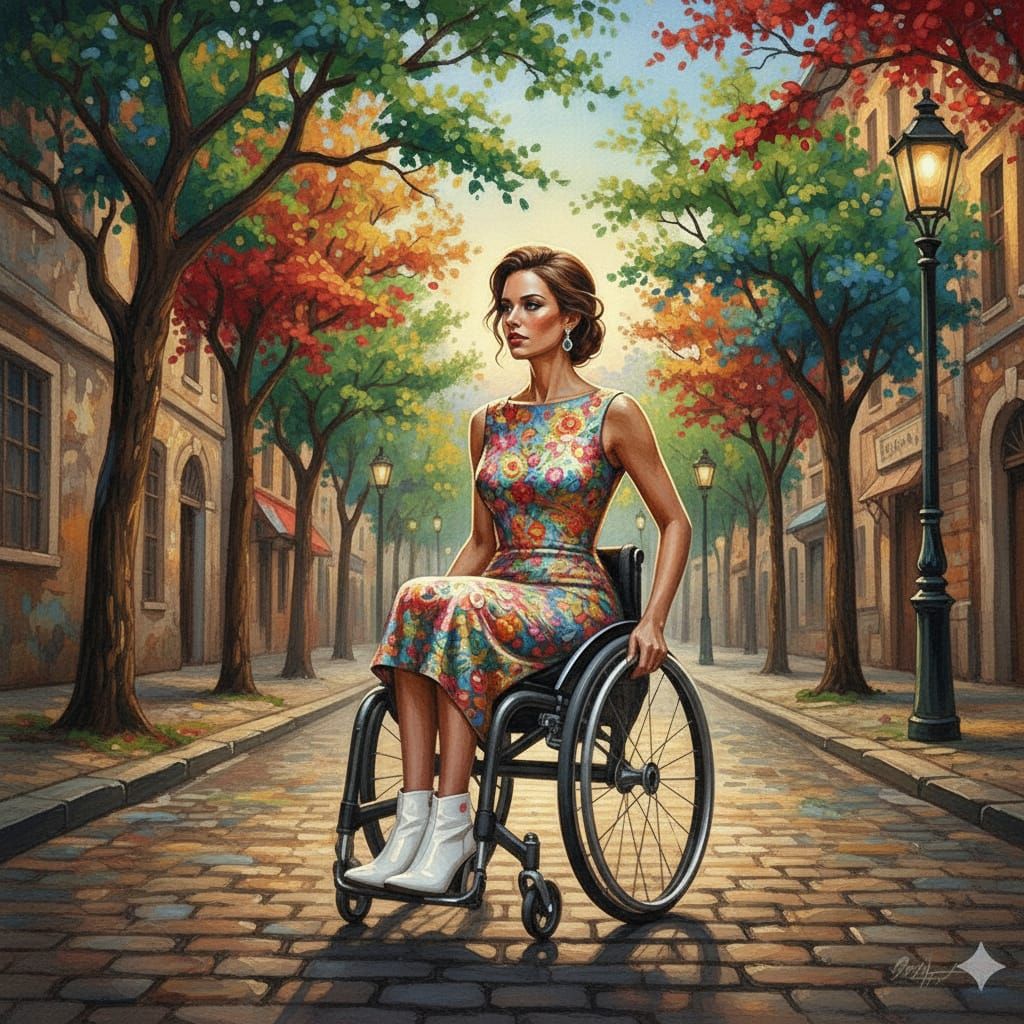 Elegant Woman in Rainbow Dress on City Street at Dusk