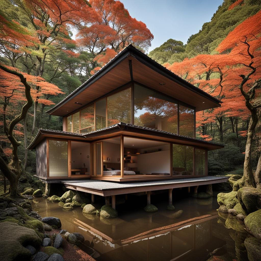 Mystical Japanese House by Pond in Ancient Forest