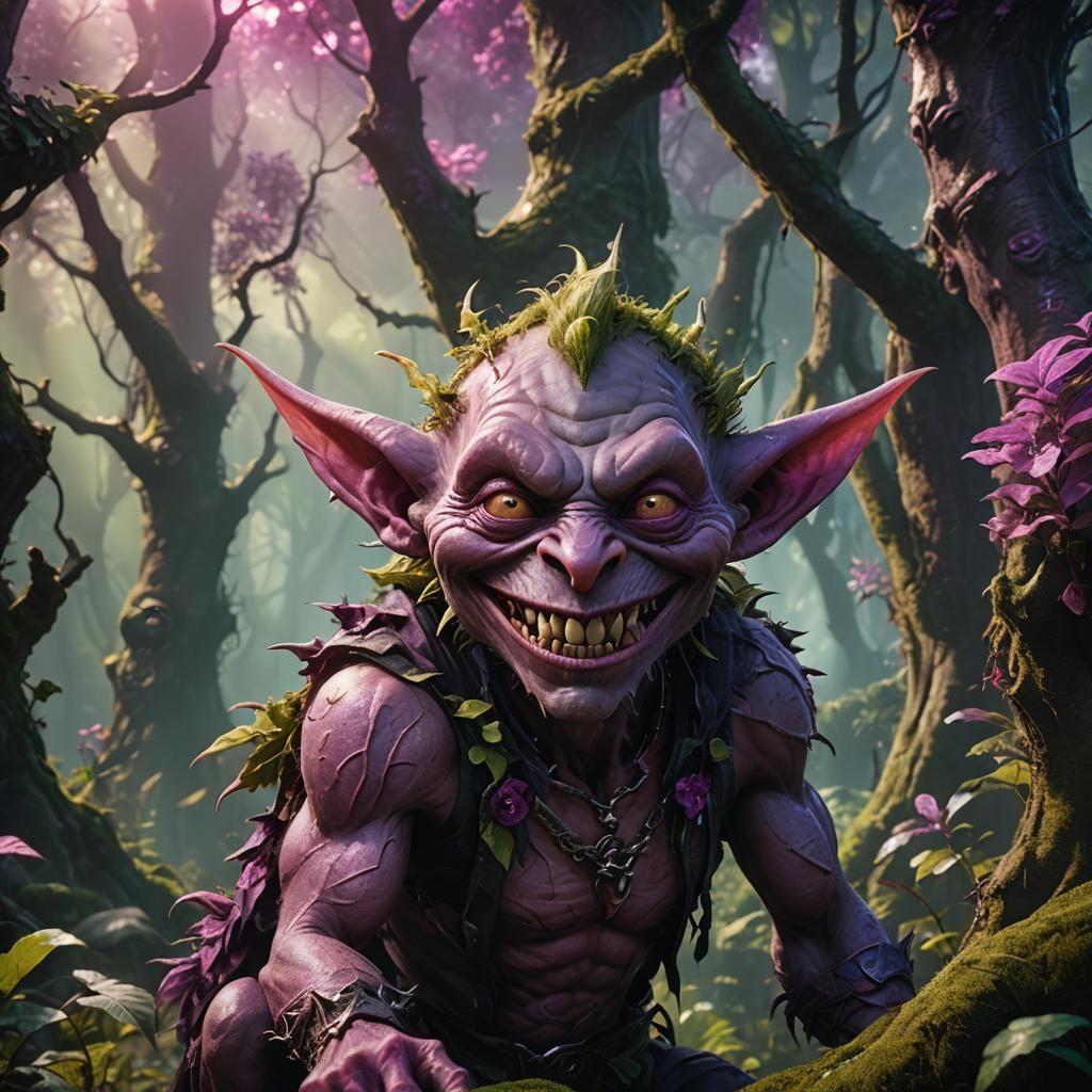 Pink Goblin Grinning in Mystical Forest