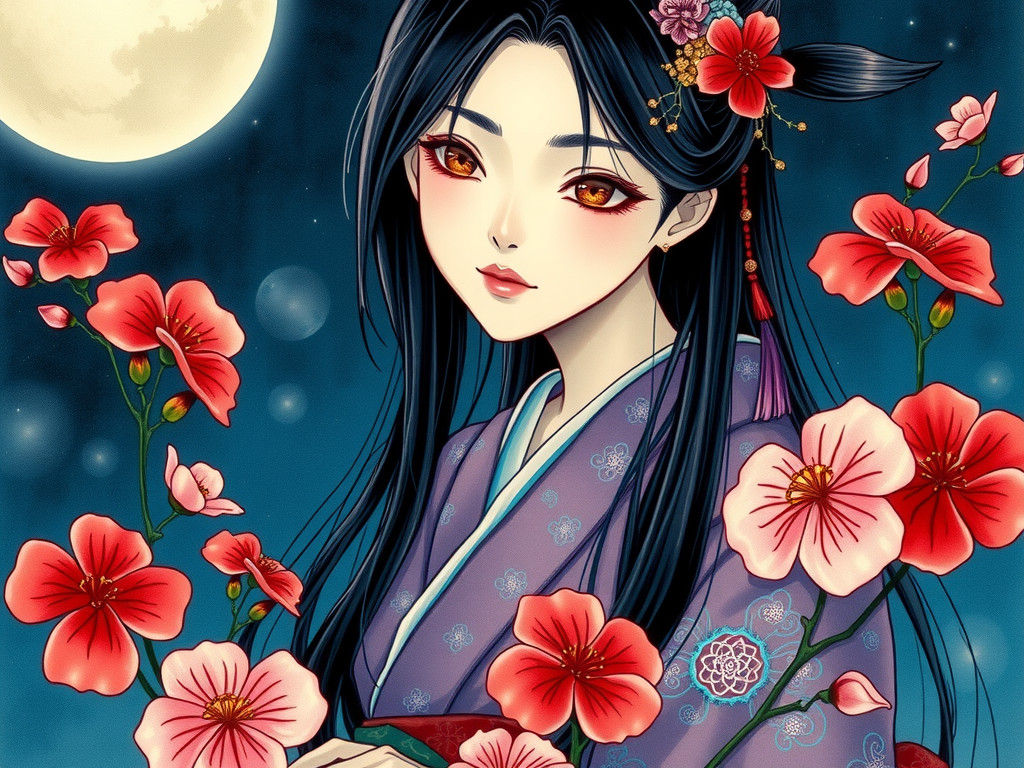 Mystical Yokai in Moonlight with Glowing Flowers