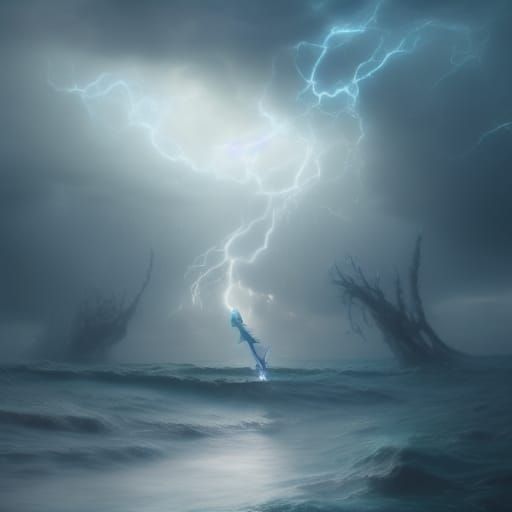 Electric Mermaid in Thunderstorm Fantasycore Landscape