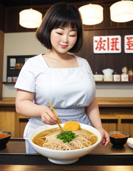 Woman with Voluptuous Breasts in Ramen Shop