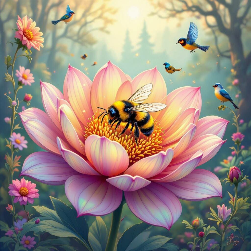 Mystical Bee Sleeping in Rainbow Flower Garden