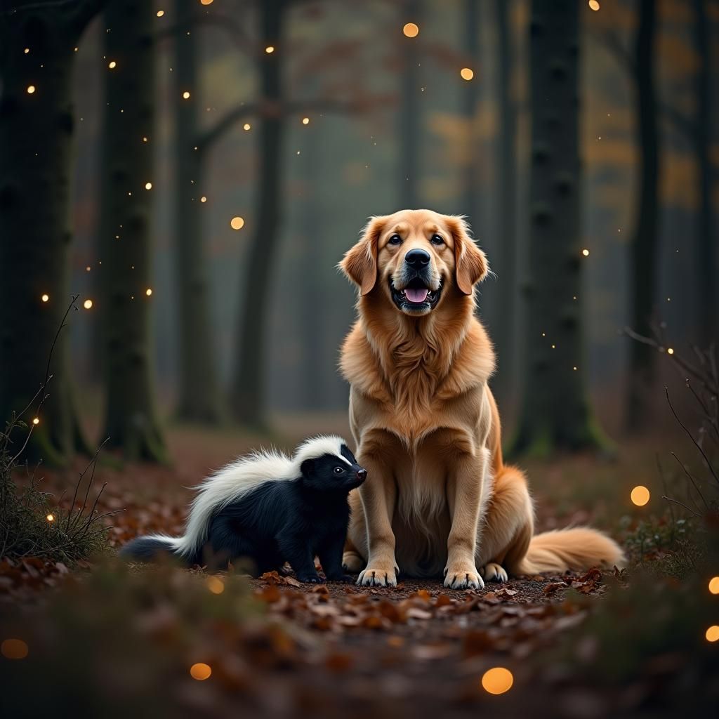 Skunk and Retriever in Starry Woods, DSLR Photo