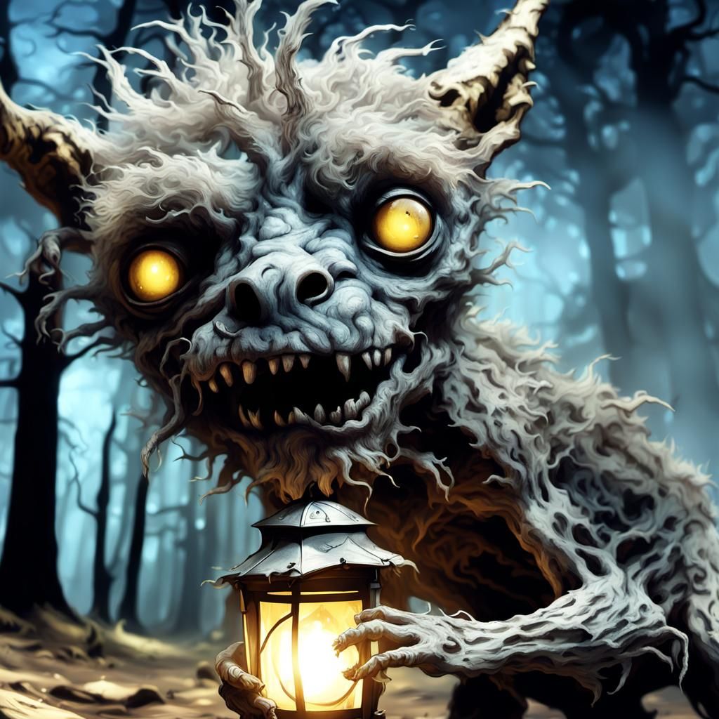 Cute Monster in Haunted Forest, Dark Fantasy