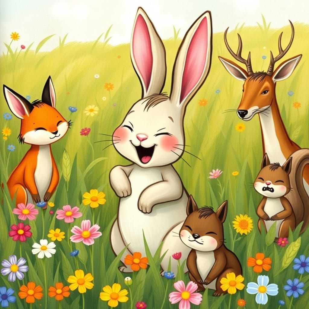 Laughing Bunny in Meadow: Children's Book Illustration