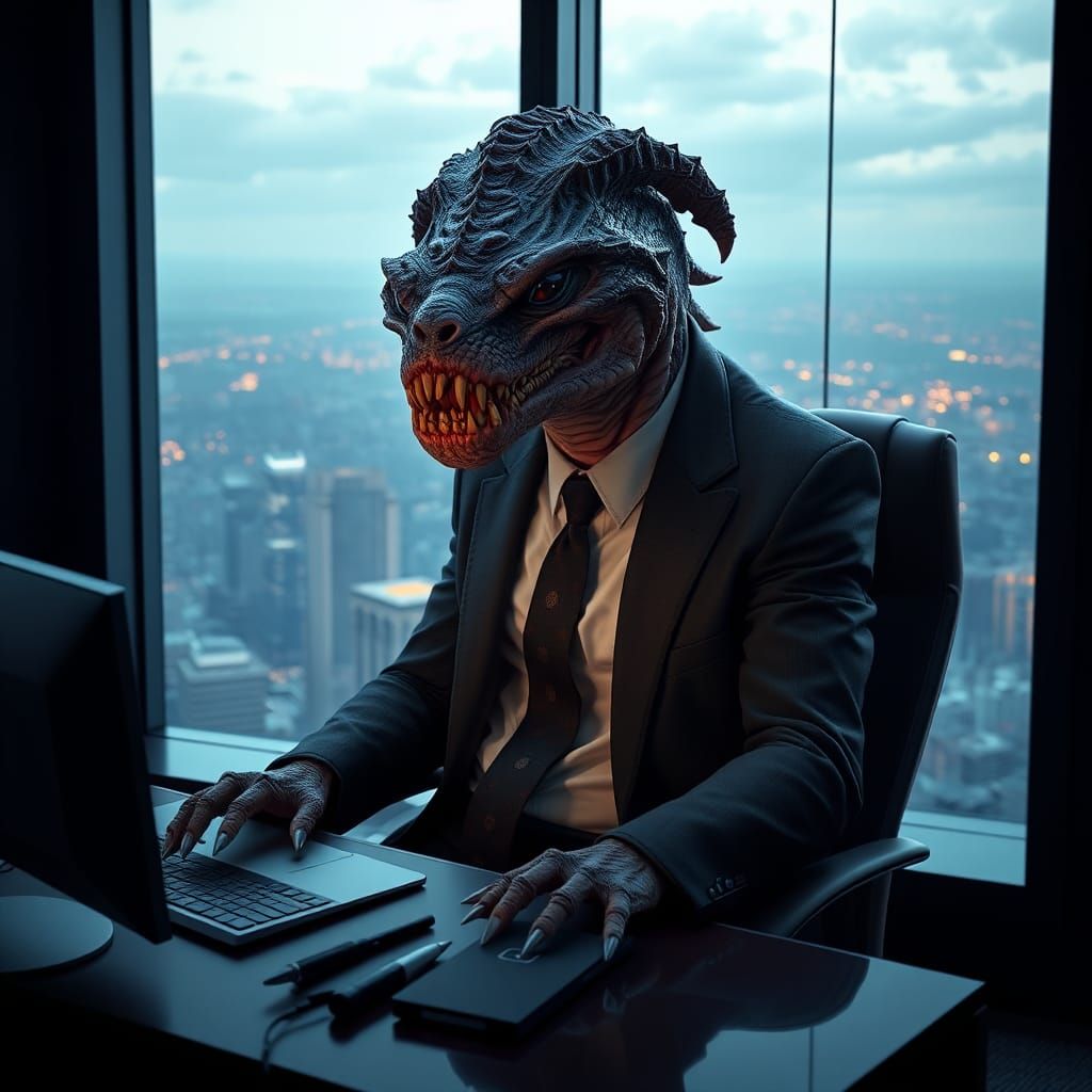 Monster in Business Suit: Photorealistic Office Scene