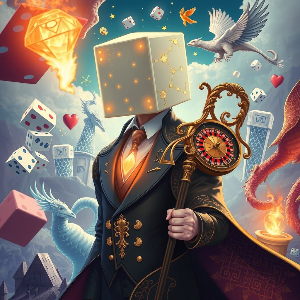 Cube-Faced Man in Card Suit Amidst Dice Kingdom