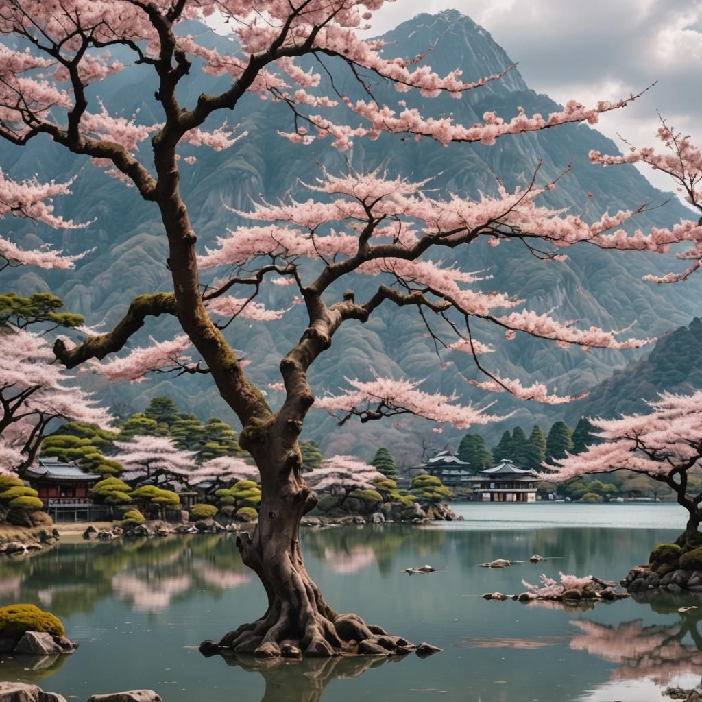 Ancient Sakura Tree by Lake with Temples