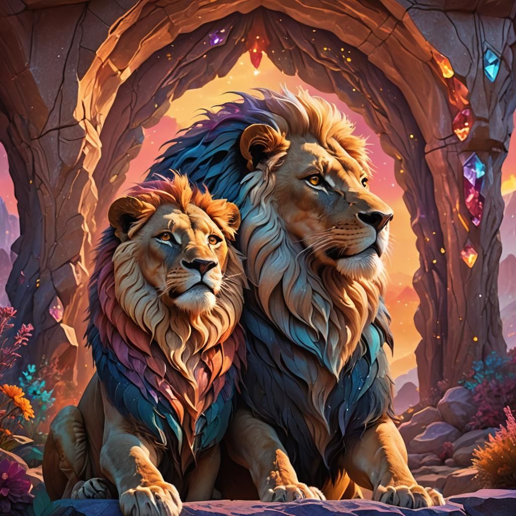 Lion Anthro Couple in Crystal Cave, Art Nouveau
